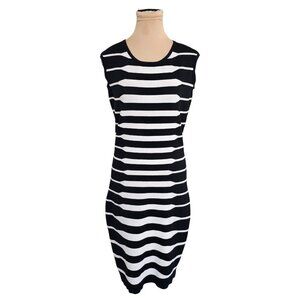 Frank Lyman Stretchy Bodycon Back White Striped Dress Sz M